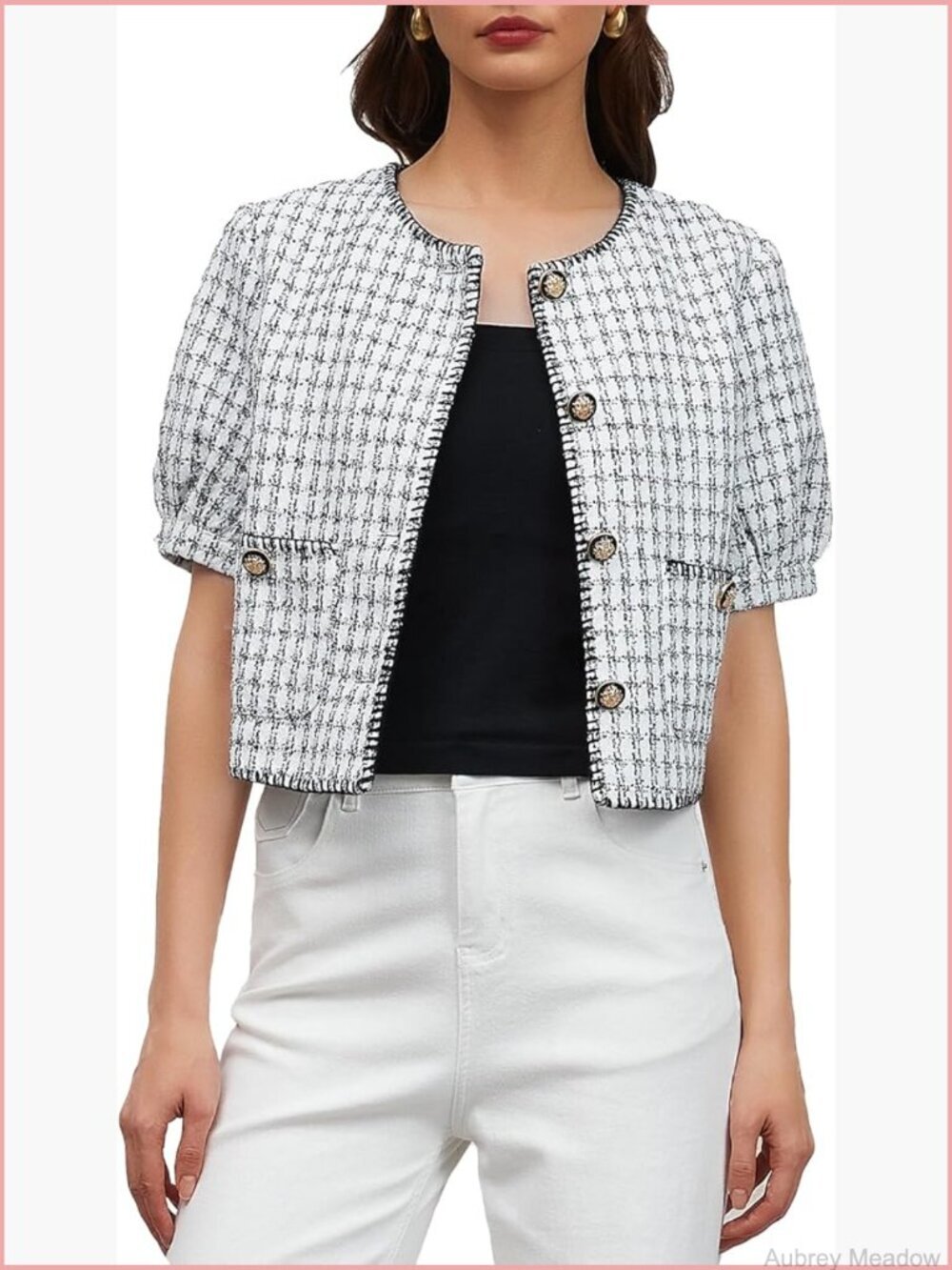 Cropped Puff Sleeve Tweed Blazer Lightweight Work Cardigan